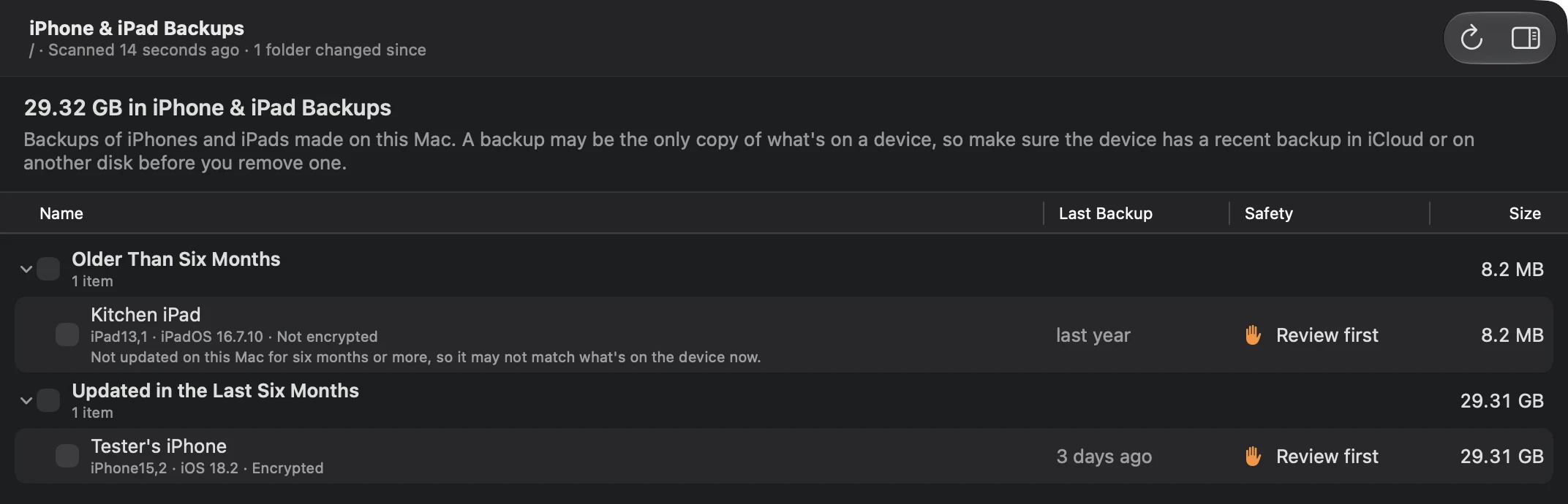 The iPhone and iPad Backups page on a test Mac: 29.32 GB in two backups. Kitchen iPad, iPadOS 16.7.10, not encrypted, last backed up last year, is listed first under Older Than Six Months with a note that it may not match the device now; Tester's iPhone, iOS 18.2, encrypted, backed up 3 days ago, takes 29.31 GB. Both are Review first and unchecked.