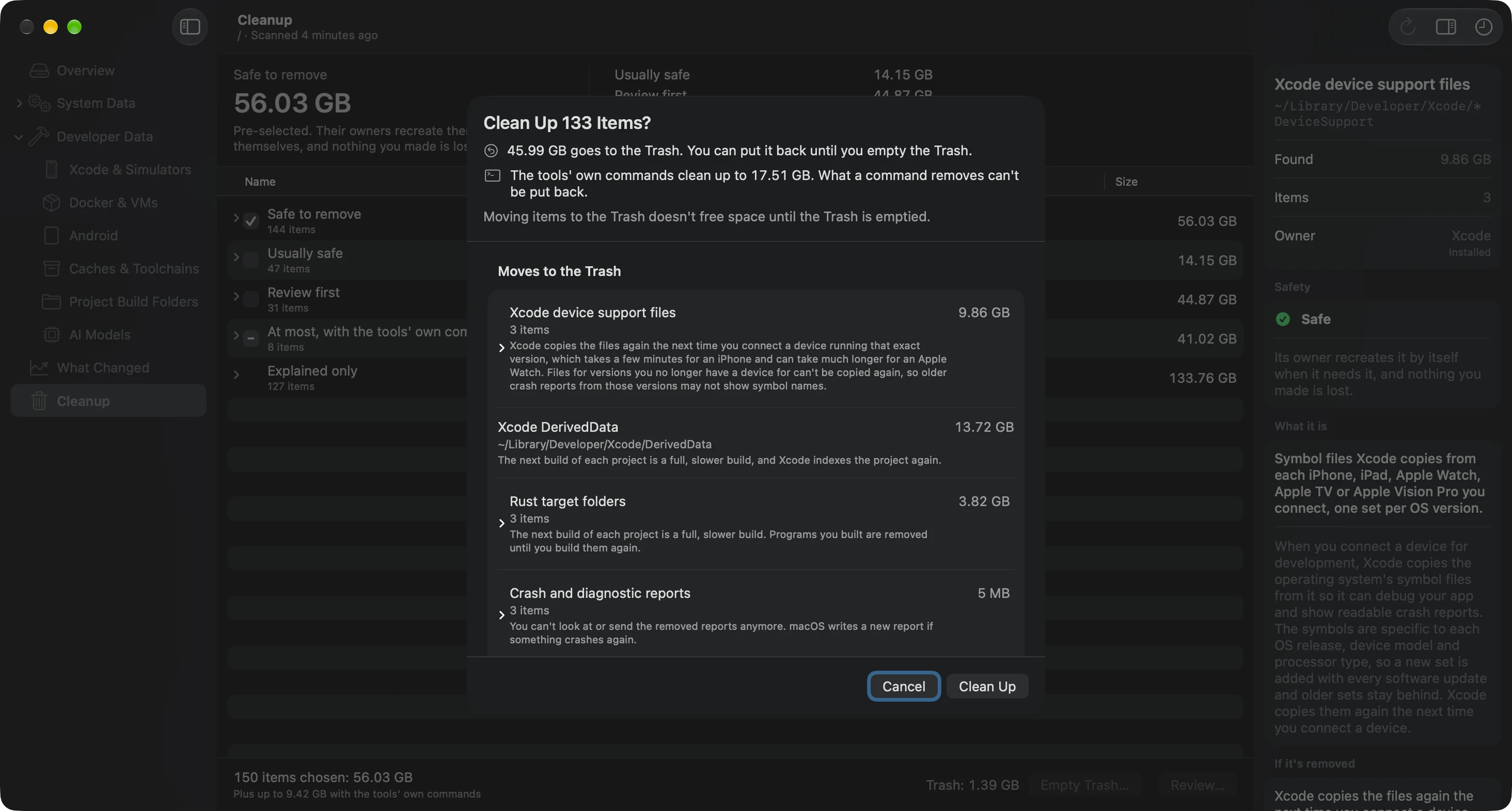 The review sheet on a test Mac: Clean Up 133 Items, 45.99 GB goes to the Trash and can be put back, the tools' own commands clean up to 17.51 GB and can't be put back, followed by each item with what happens when it's removed.
